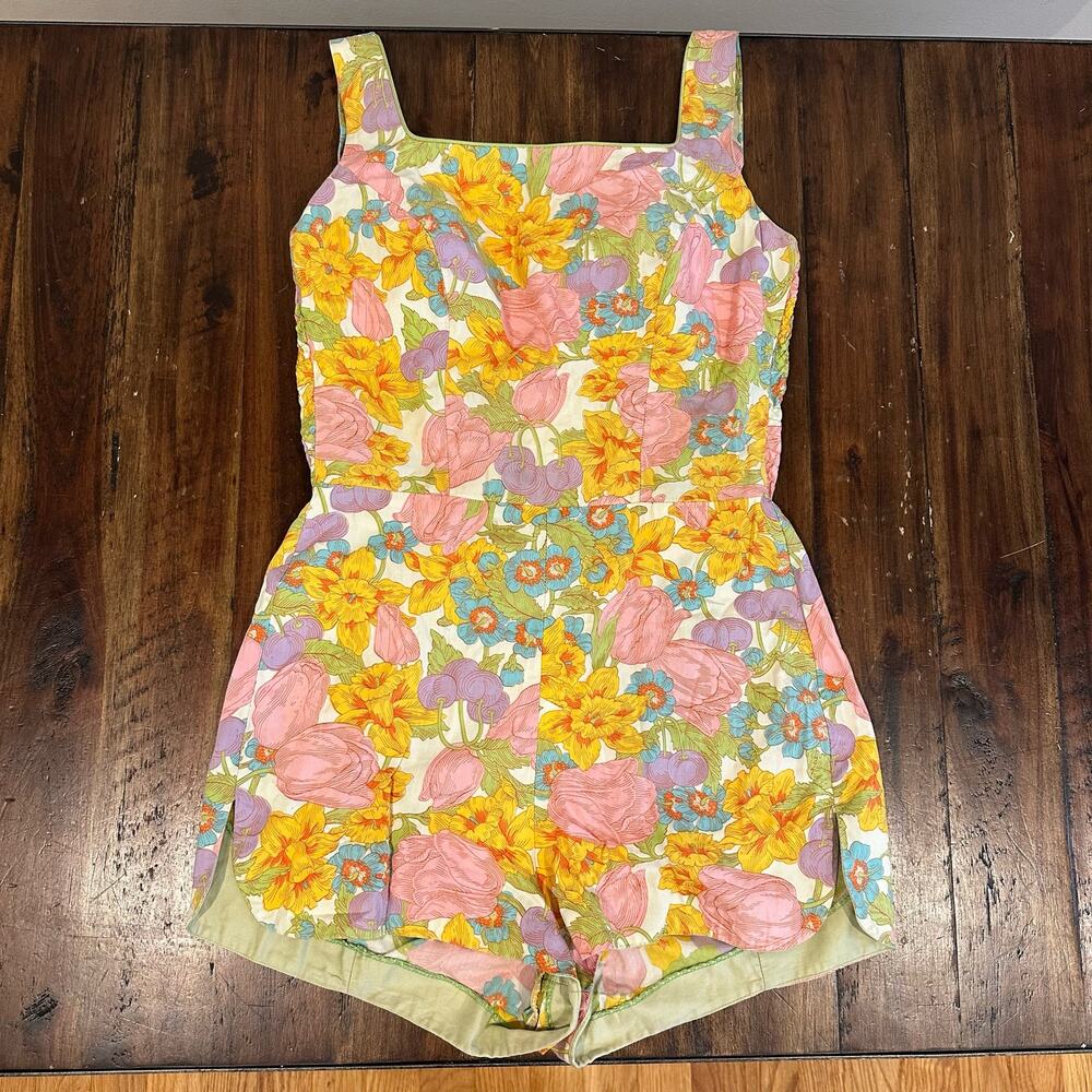 Vintage 50s Cole of California yellow floral swimsuit playsuit romper size S